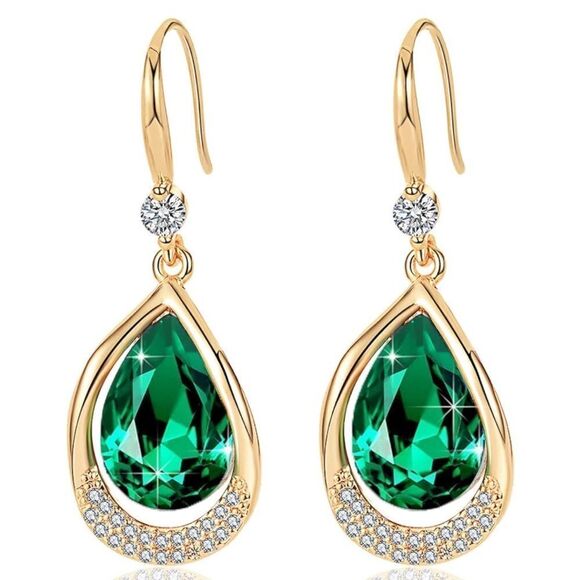 14K Yellow Gold and Emerald Green Austrian Crystal Teardrop Halo Hook Earrings